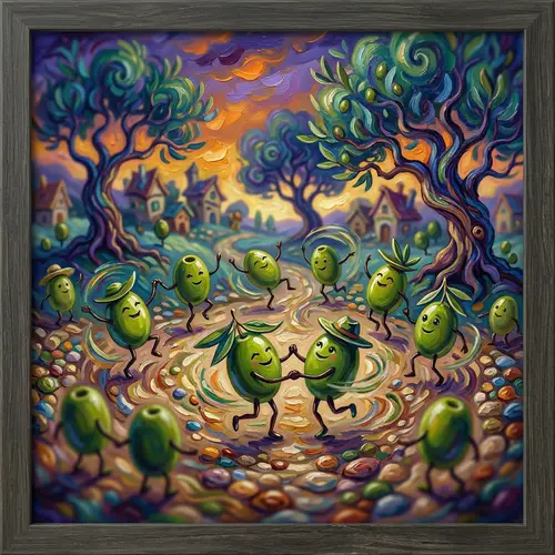 Enchanting Dancing Olives Art: Whimsical Surrealist Style