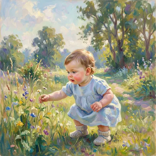 Toddler Exploration in Impressionist Style