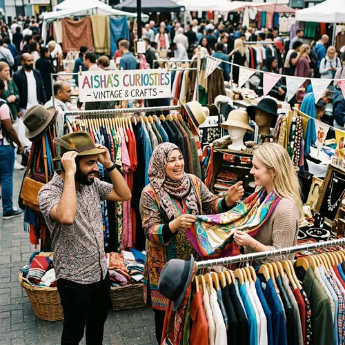 Cheerful Lady Seller at Bustling Flea Market Event | Products & Happy Customers