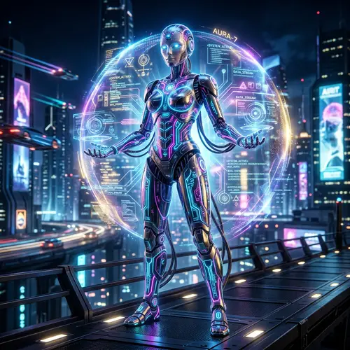 Futuristic AI Character with Holographic Features