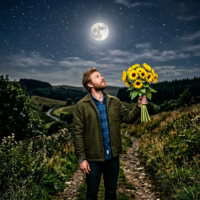 Caucasian Male with Sunflowers gazing at Moon