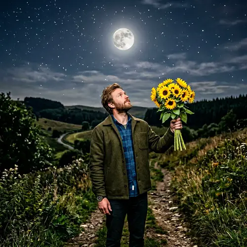 Moonlit Scene: Caucasian Male Admiring Moon with Sunflowers