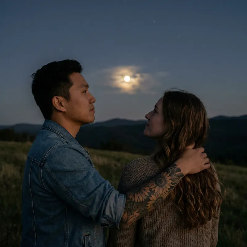 Man with Sunflower Arm Tattoo Embracing Woman Under Moonlight