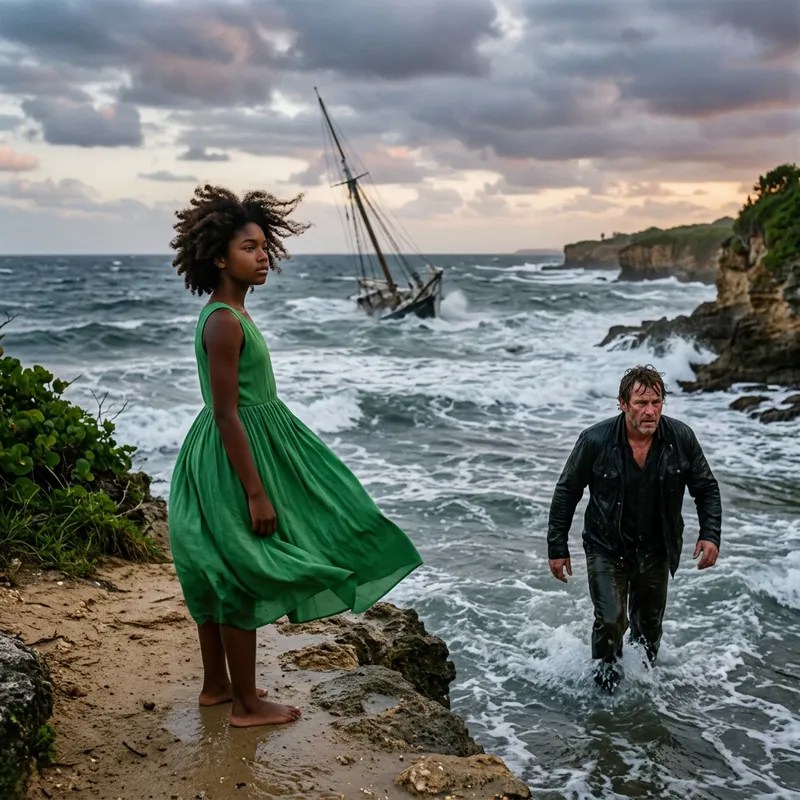 Dark-Skinned Teenage Girl in Green Dress by Sinking Ship