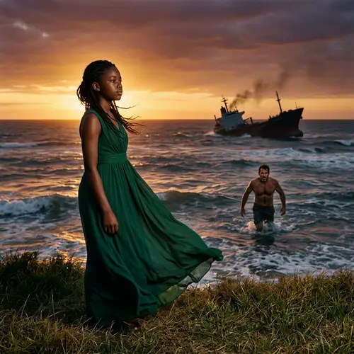 Elegant Black Adolescent Girl in Green Gown by the Ocean