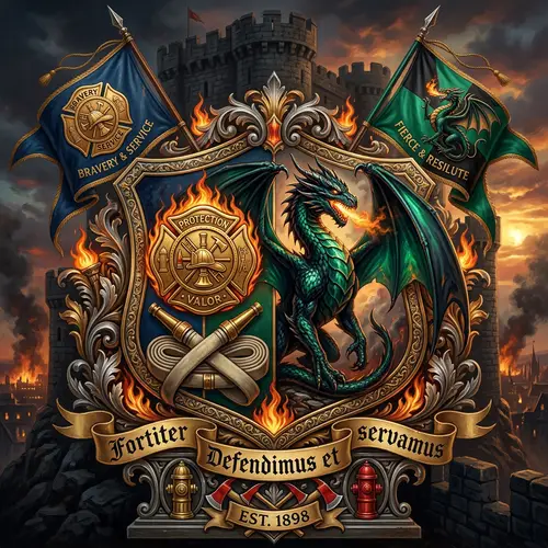 Dragon and Firefighter Coat of Arms | Spectacular Heraldic Imagery