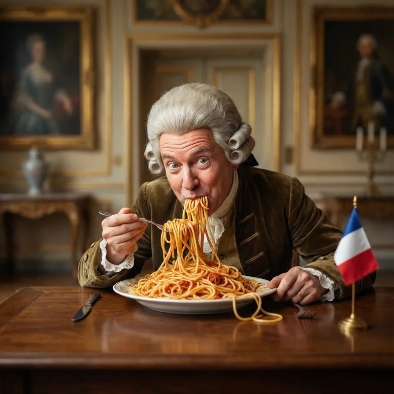 Political Figure Enjoying Spaghetti in Italian Painting Style Political Figure Enjoying Spaghetti in Italian Painting Style