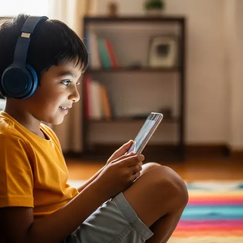 Indian Boy Engrossed in Tablet with Headphones