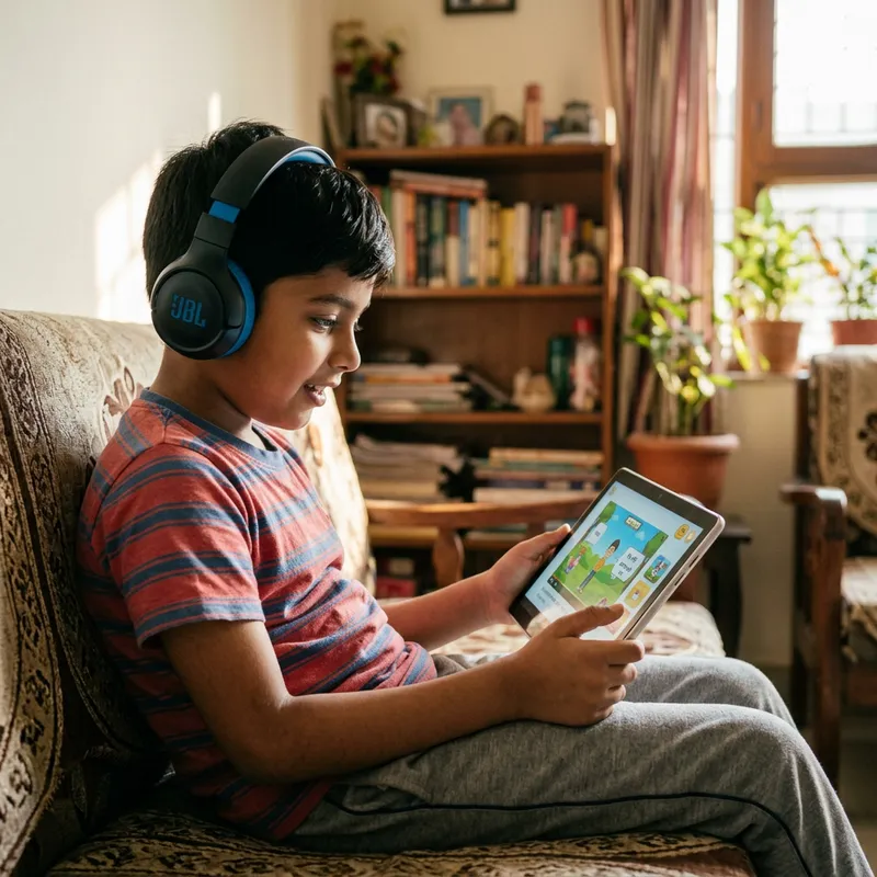 Indian Boy Engrossed in Tablet with Headphones