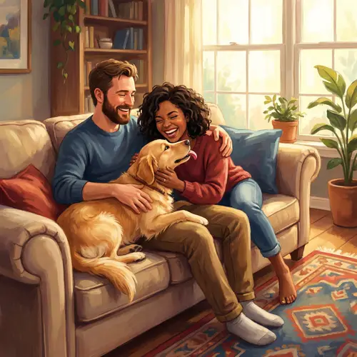 Heartwarming Living Room Scene with Man, Woman, and Dog
