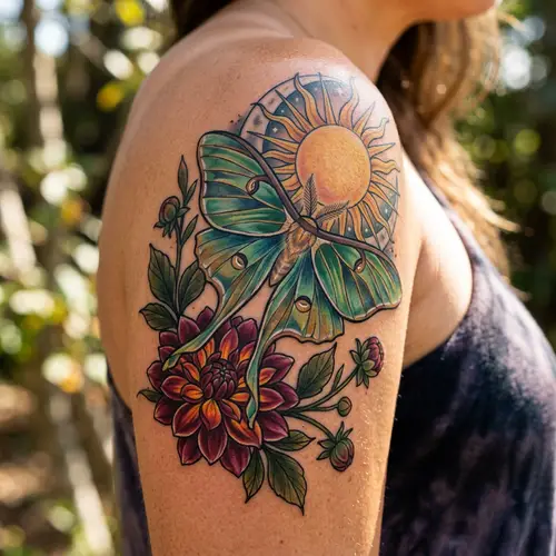 Realistic Color Tattoo: Butterfly, Sun & Flower