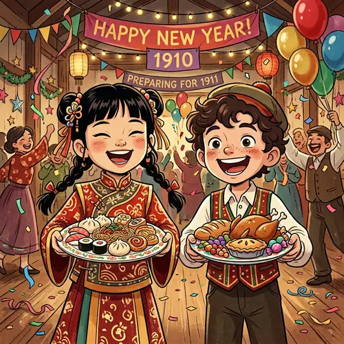 Festive New Year Celebration with Smiling Girl & Boy Offering Traditional Food Plates