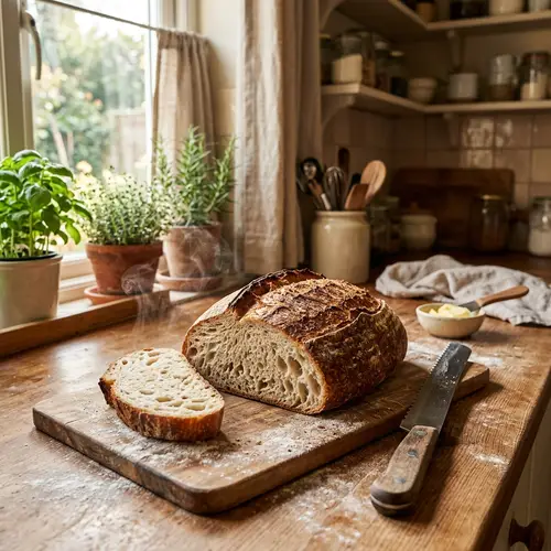 Homemade Bread: Freshly Baked Loaf in Cozy Kitchen