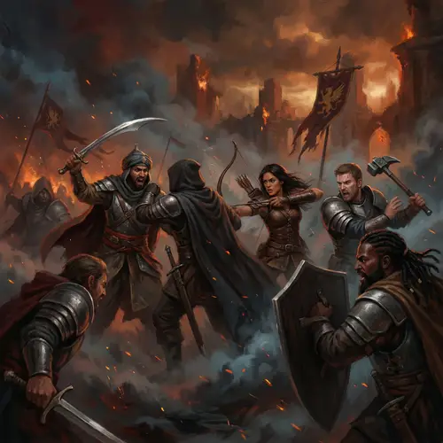 Intense Battle Scene: Dark & Fiery Warriors in Combat