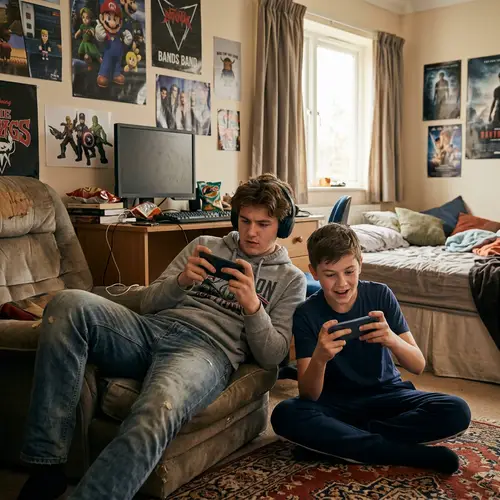 Teen Boys Gaming Together in a Room