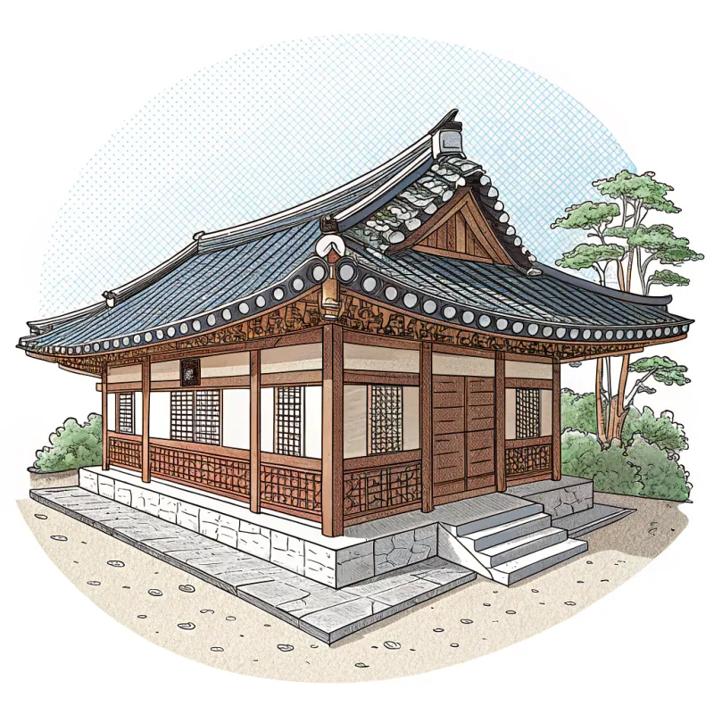 Traditional Korean Hanok in Dot Style