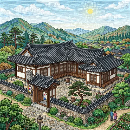Traditional Korean Hanok in Dot Style