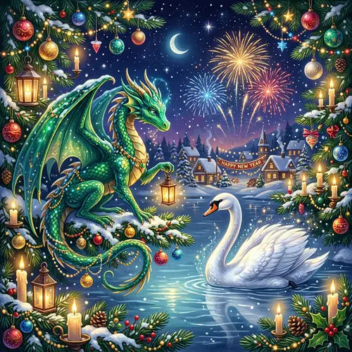 Emerald Dragon and Swan in Enchanting New Year's Scene