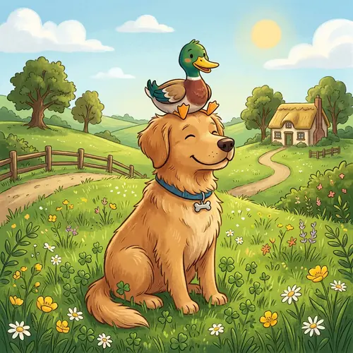 Duck & Dog in Grassland: Playful Cartoonish Scene