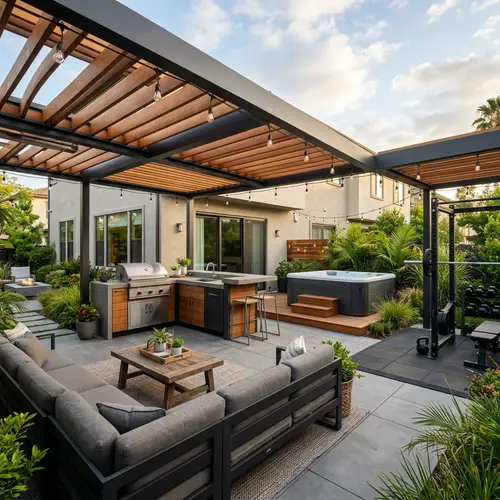 Modern Backyard Patio Design with BBQ and Jacuzzi