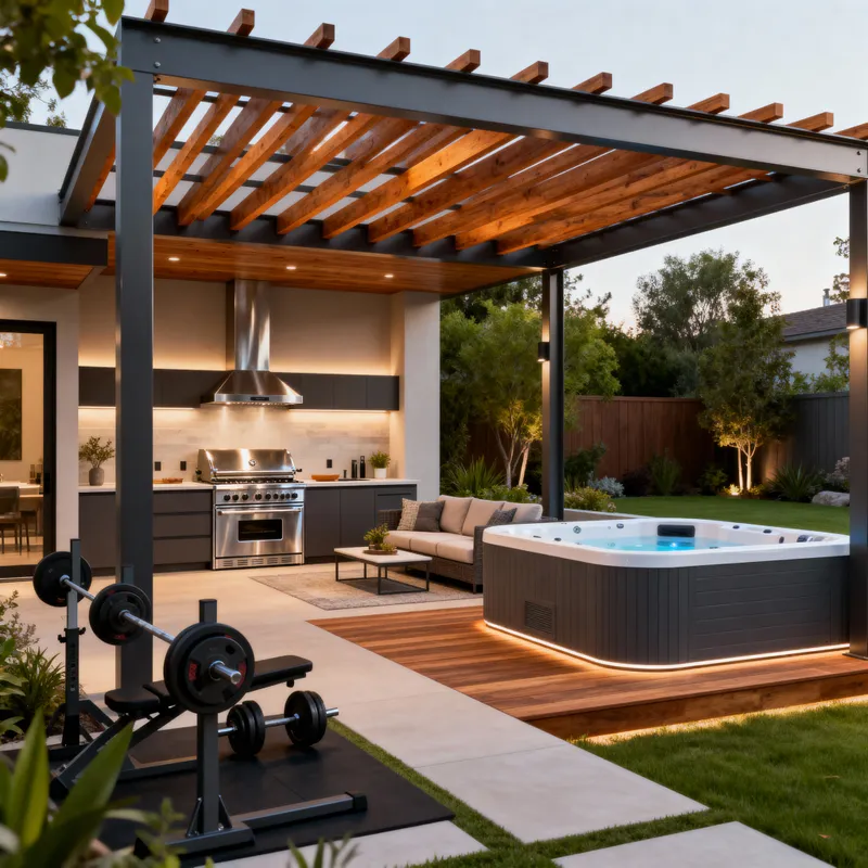 Modern Backyard Patio Design with BBQ and Jacuzzi
