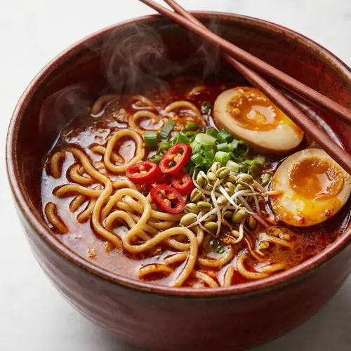 Spicy Ramen Bowl with Rich Dark Broth and Fresh Garnishes