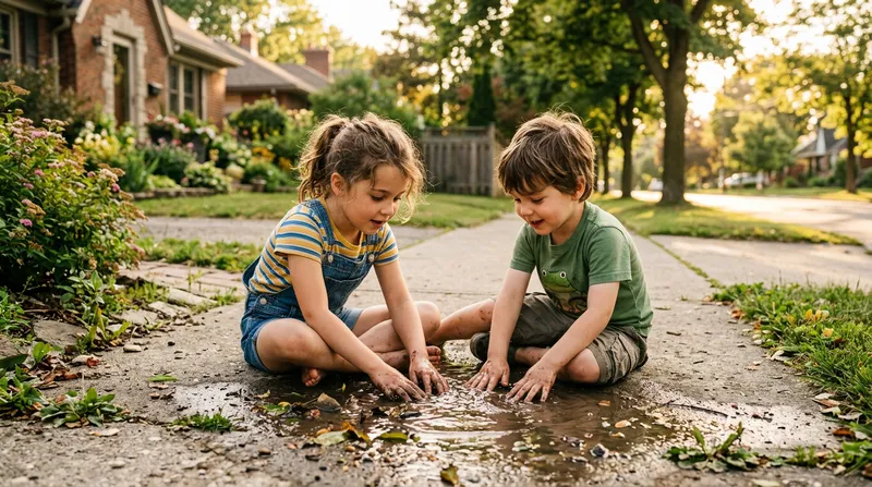 Children Exploring Nature by a Puddle