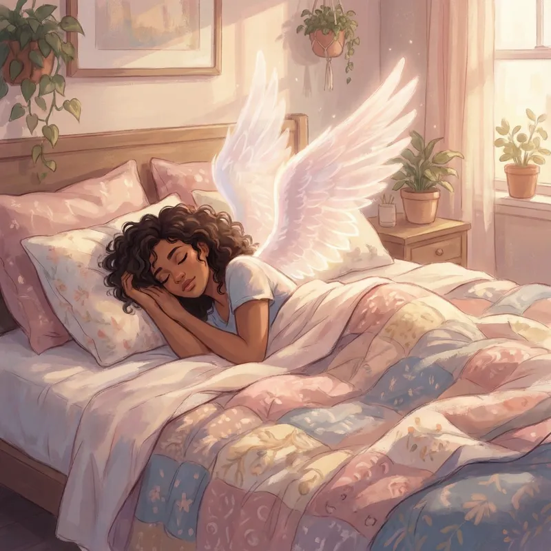 Woman Growing Angel Wings Peacefully in Bed