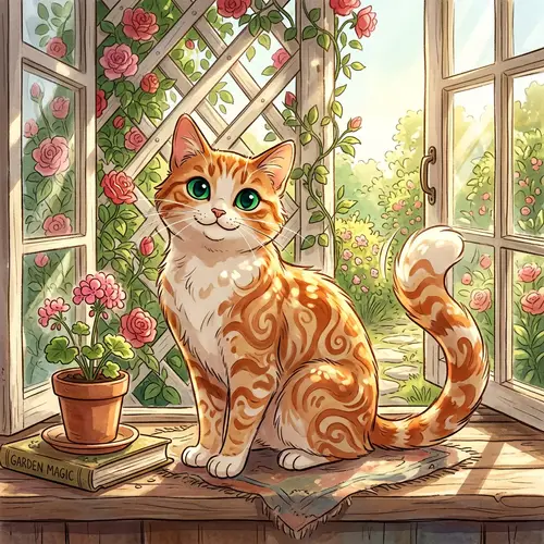Lively Animated Cat in Vibrant Orange and White | Enchanting Scene