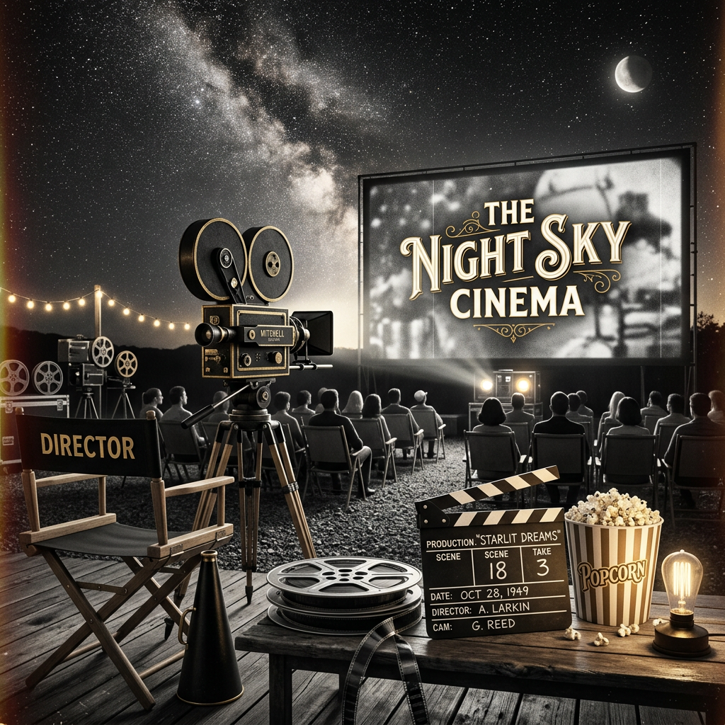 Vintage black-and-white outdoor cinema under the Milky Way, with a film camera, director's chair, clapperboard, and popcorn.