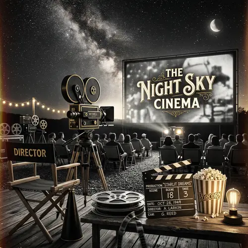 Vintage Cinema Scene: Film Reel, Camera, Popcorn & Stars