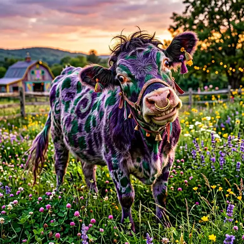 Mischievous Joker Cow with Distinctive Nose Ring | Purple & Green Coat
