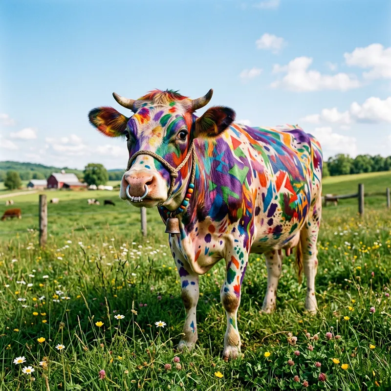 Whimsical Cow with Vivid Patterns and Pierced Nostril Whimsical Cow with Vivid Patterns and Pierced Nostril
