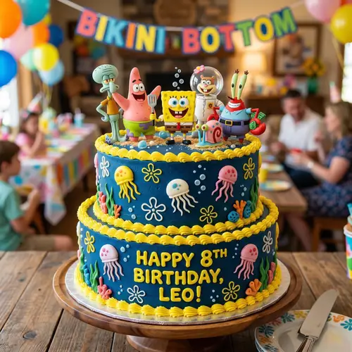 SpongeBob Themed Dark Blue Cake with Figurines