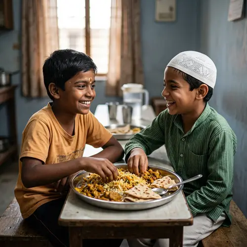 Unity Symbolized: Hindu and Muslim Boys Share a Meal in Joy