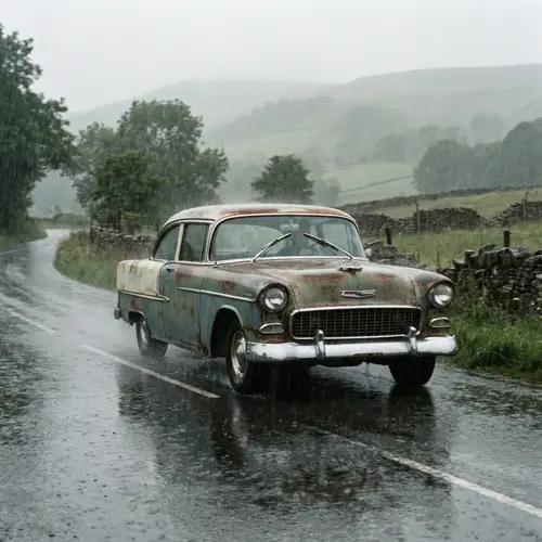 Old Car on Rainy Road - Timeless Nostalgia