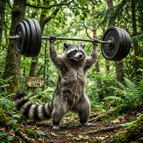 Strong Raccoon Lifts Barbell in Enchanted Forest