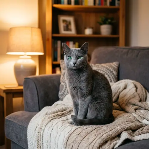 Russian Blue Cat Sitting Comfortably in a Cozy Living Room