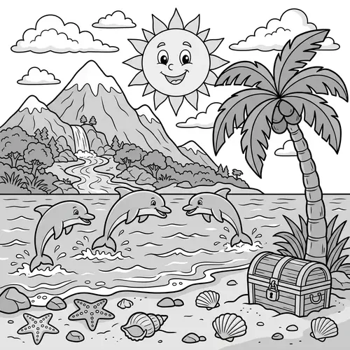 Island Coloring Page for Kids | Fun Seashells, Dolphins, Treasure Chest