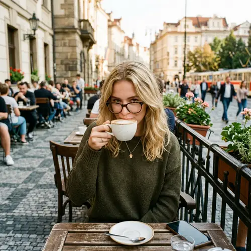 19-Year-Old Blonde Girl Enjoying Coffee in the City