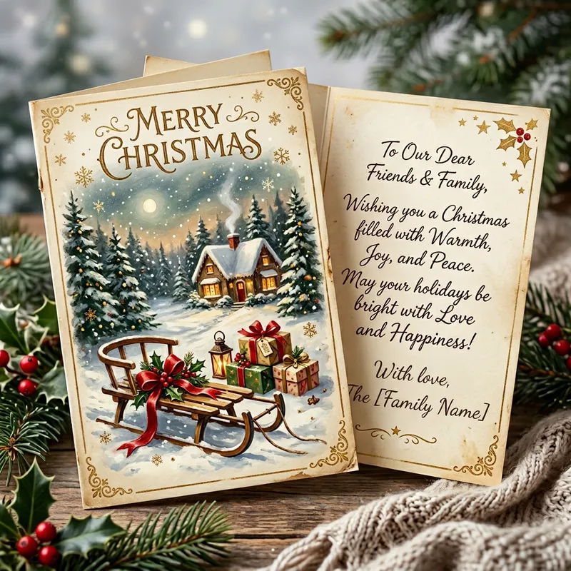 Elegant Christmas Greeting Card with Snowy Landscape for Friends & Family