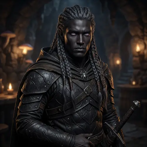 Male Half-Drow Character | Captivating Lilac Eyes & Black Hide Armor