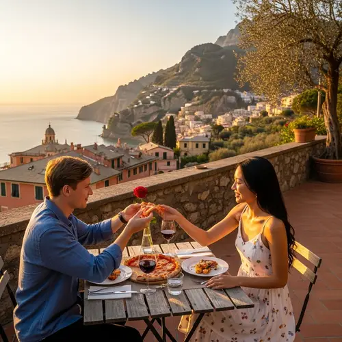Couple Enjoying Pizza on Italian Terrace