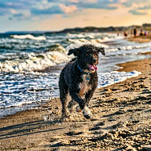 Playful Portuguese Water Dog Running on Sandy Beach