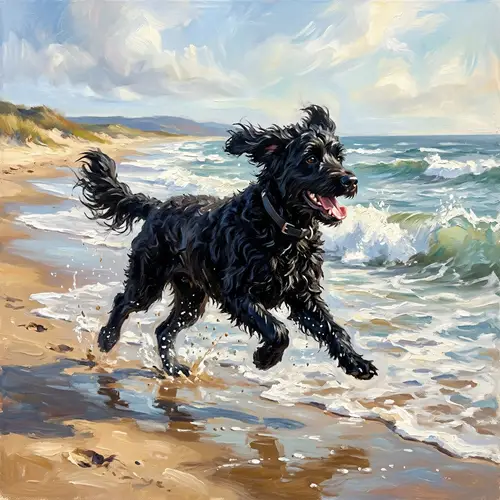 Playful Portuguese Water Dog Running on Sandy Beach Oil Painting