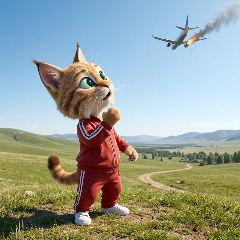 Hyperrealistic Cartoon Cat in Red Tracksuit Sees Engine Break