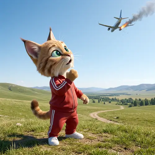 Hyperrealistic Cartoon Cat in Red Tracksuit Sees Engine Break