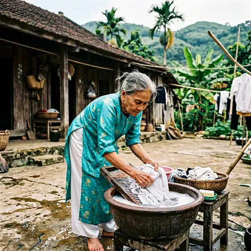 Elderly Vietnamese Woman Doing Laundry in Traditional Attire