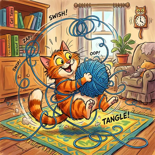Mischievous Cat Playing with Yarn | Chuck Jones Style Cartoon