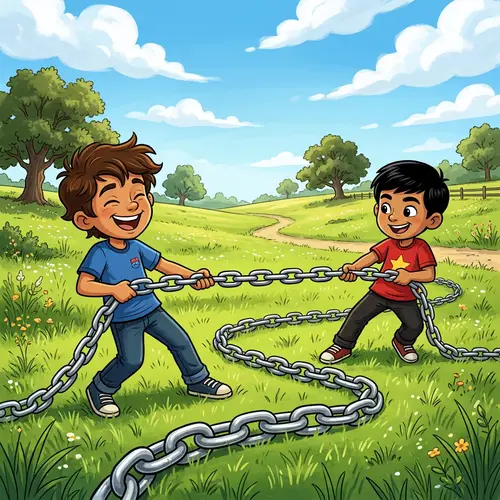 Cartoon Boys Playing with Silver Chain - Fun Outdoor Competition
